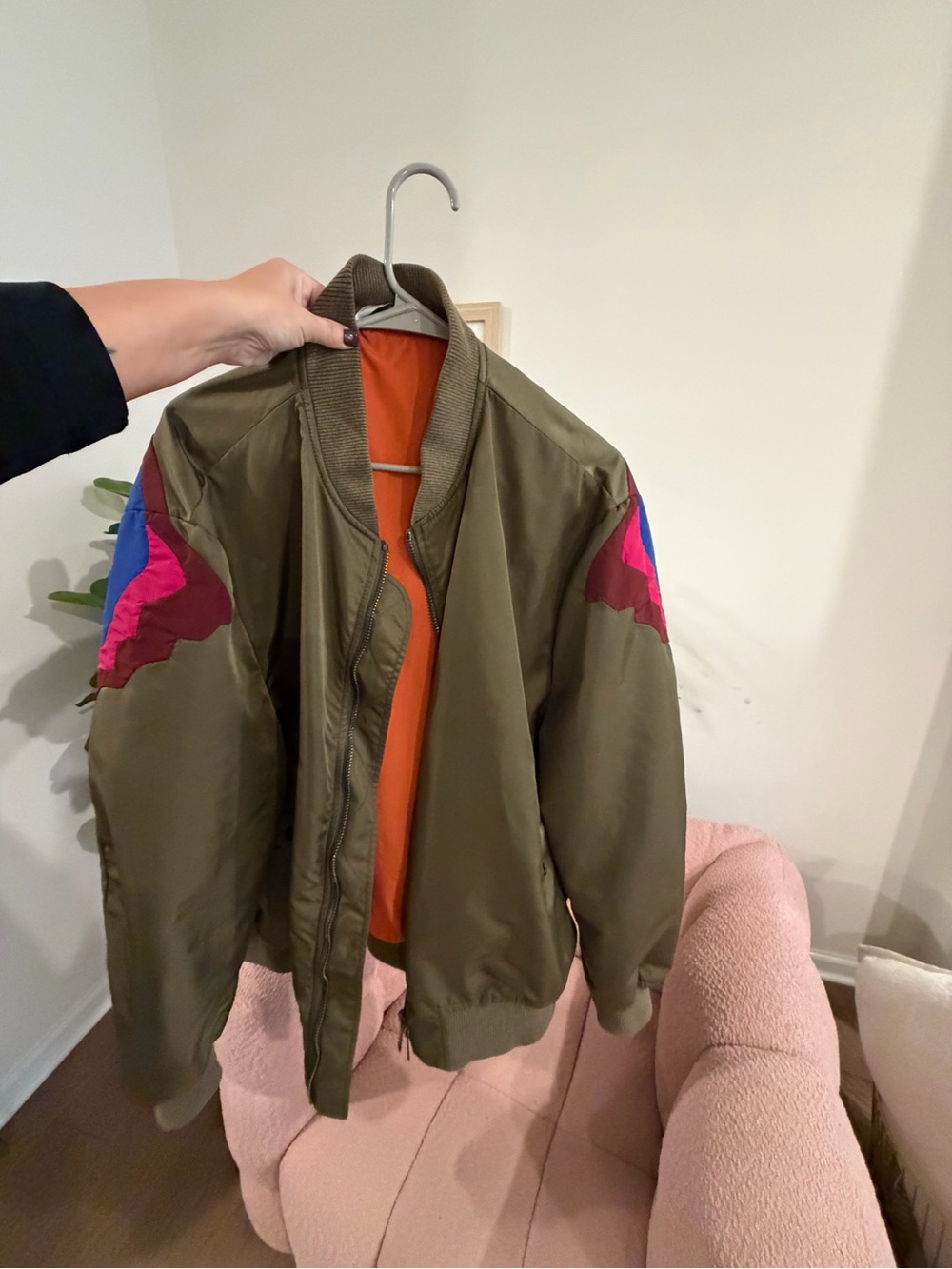 Valentino Green Bomber Jacket with Orange Lining and Color Patch Details size M